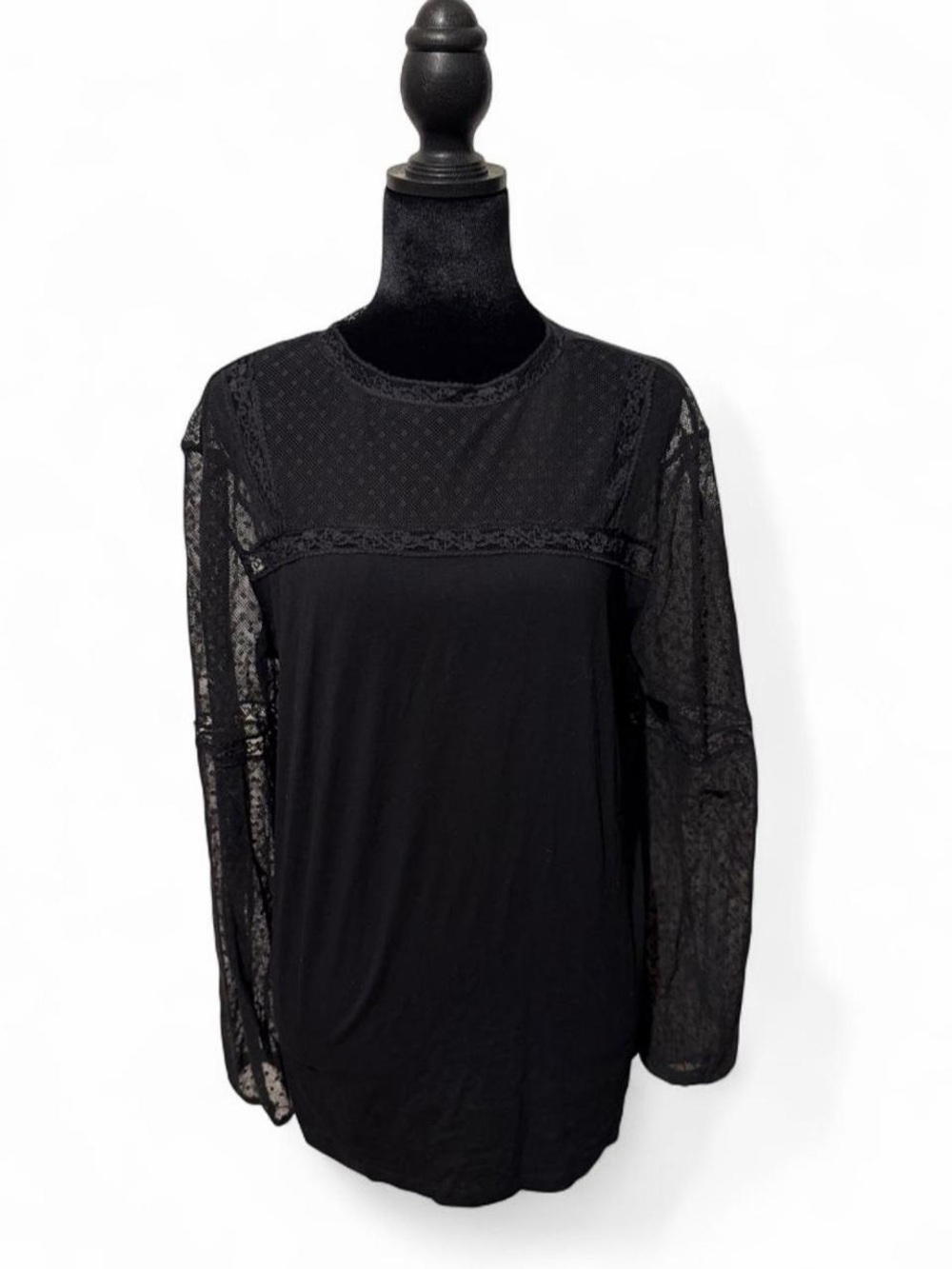Halogen Black Sheer Lace Yoke Long Sleeve Top